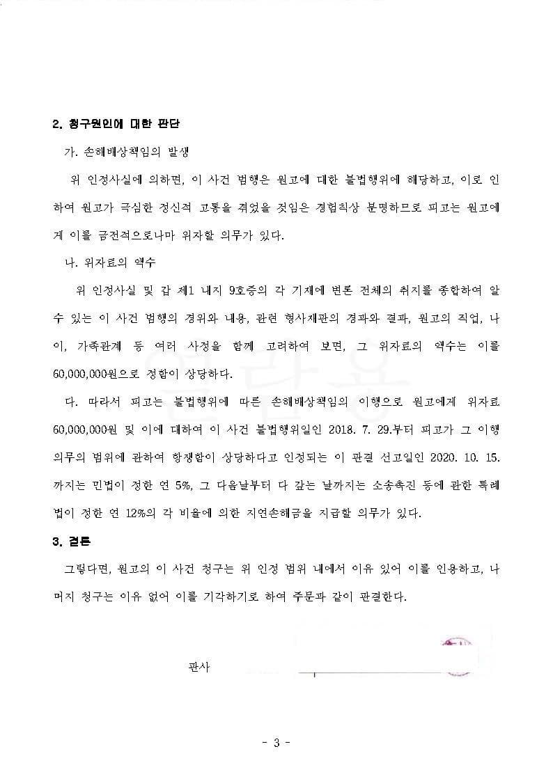 성폭력 피해자 원고대리 손해배상 6,000만원 인용 (판결문 3/3)