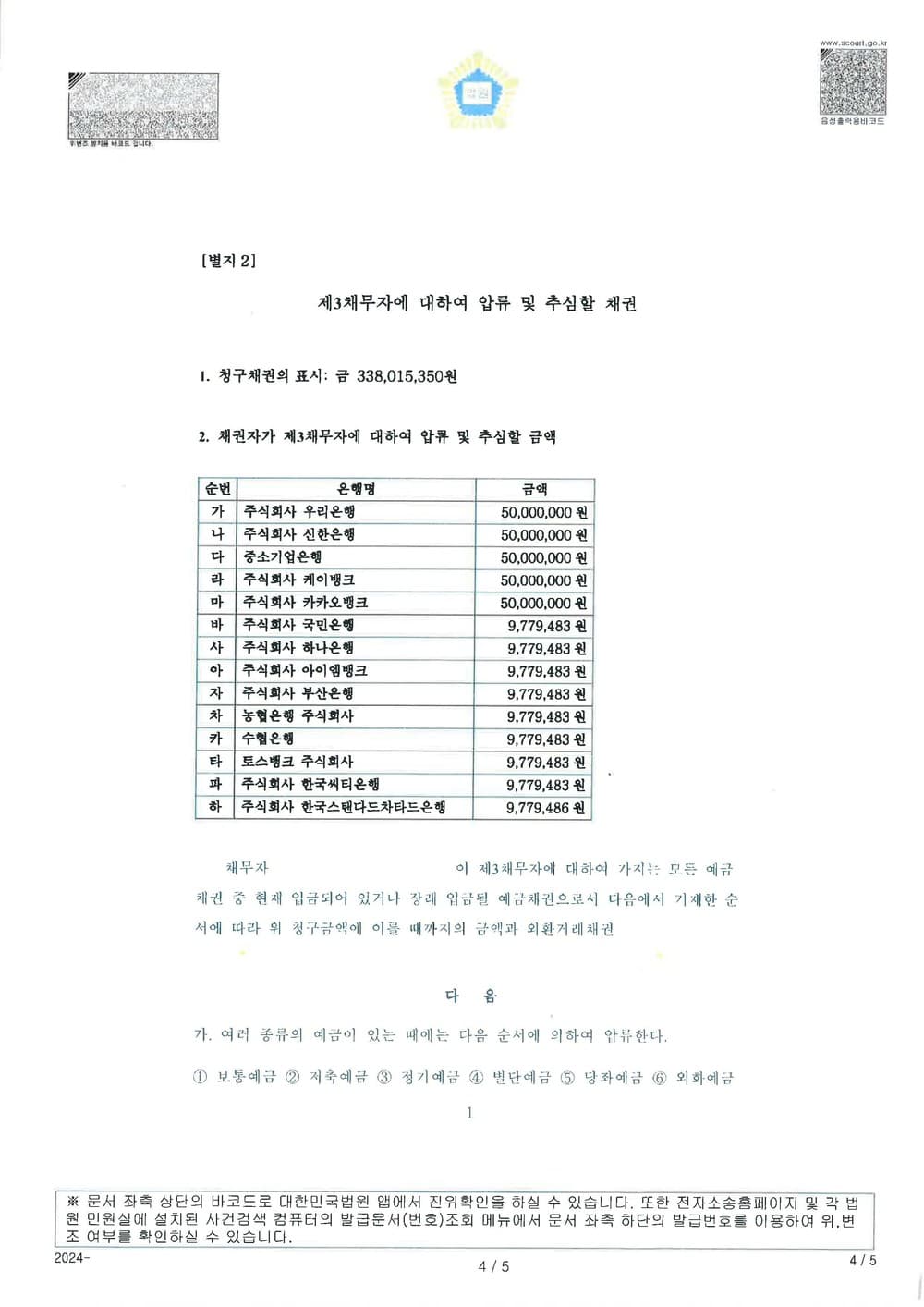 여러 은행을 제3채무자로 신청한 총 338,015,350원의 채권압류 및 추심명령을 2일만에 결정받은 사례 (판결문 3/4)