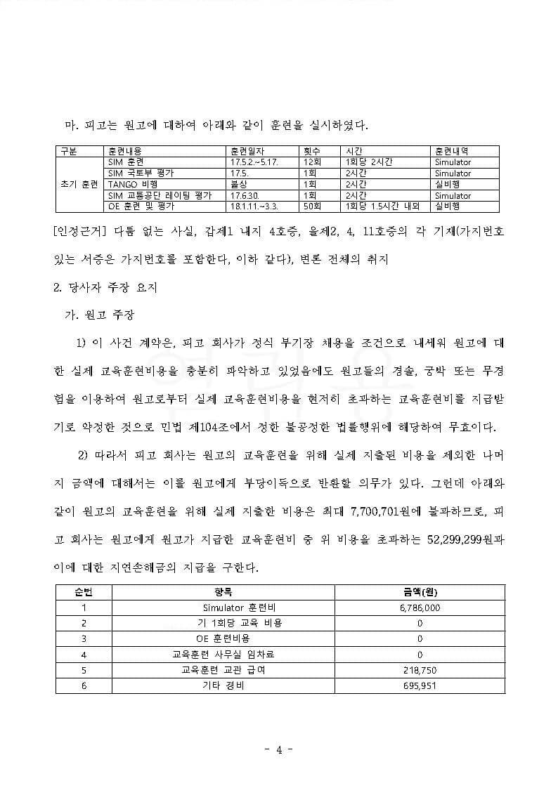 항공사 상대 교육훈련비 반환청구(부당이득금) 원고 승소 (판결문 4/4)