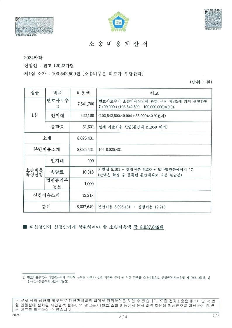 대기업을 상대로 소송비용액확정 결정 신청하여 전액 인정받은 사례 (판결문 3/3)