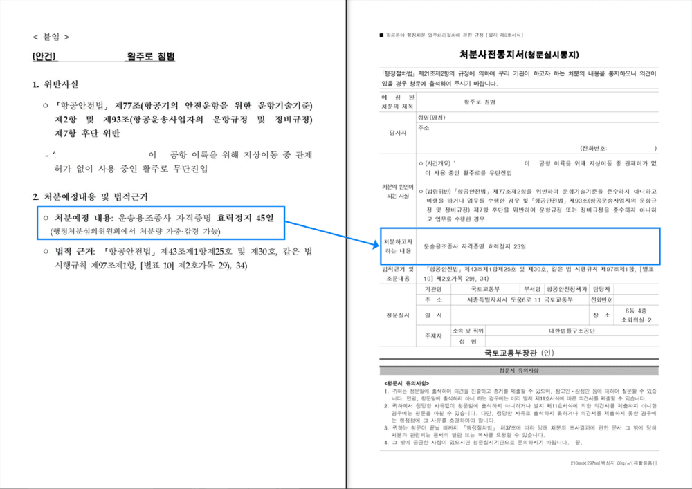 항공사 3건, 조종사 대리 행심위 동석 사전처분 1/2감경(자격정지30일->15일 등) (판결문 2/2)